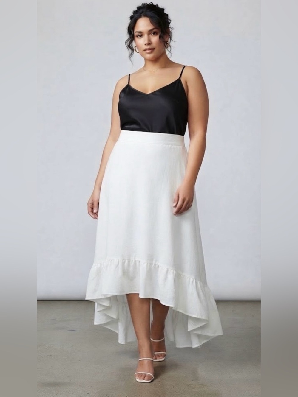 White Satin Ruffled Satin Ruffled Hem A Line Skirt Hi Low 4X